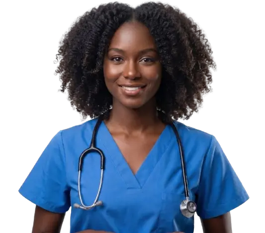 Nursing professional in blue scrubs with a stethoscope