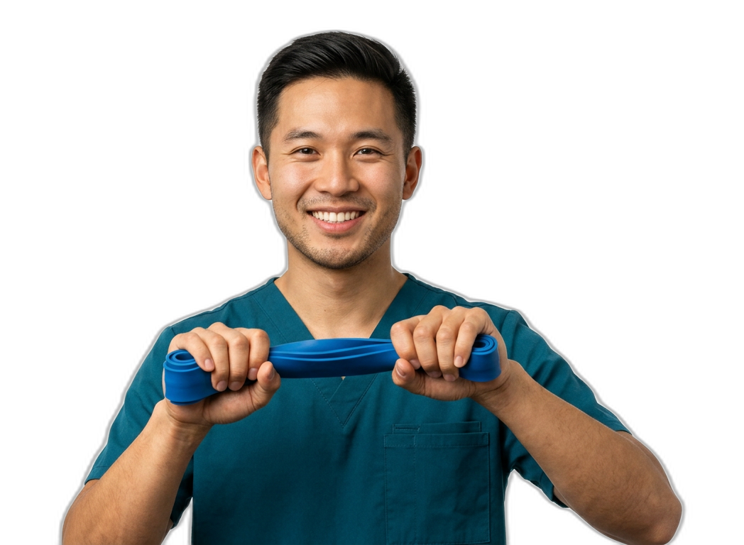 Physical therapist assistant in teal scrubs holding a resistance exercise band