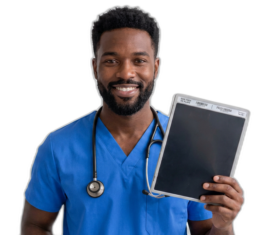 Imaging professional in scrubs holding a radiographic imaging plate
