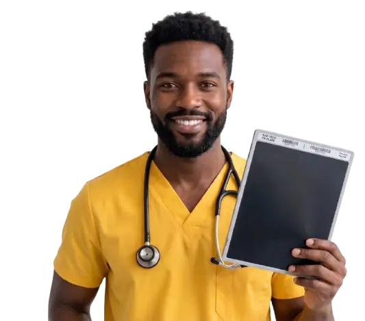 Imaging professional in scrubs holding a radiographic imaging plate