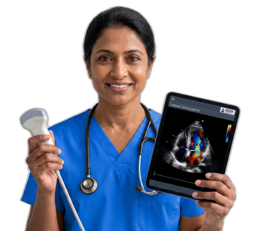 Sonographer with an ultrasound transducer and tablet showing a cardiac echo study