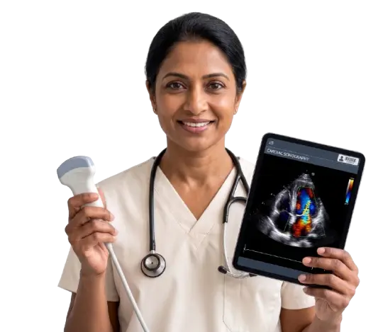 Sonographer with an ultrasound transducer and tablet showing a cardiac echo study